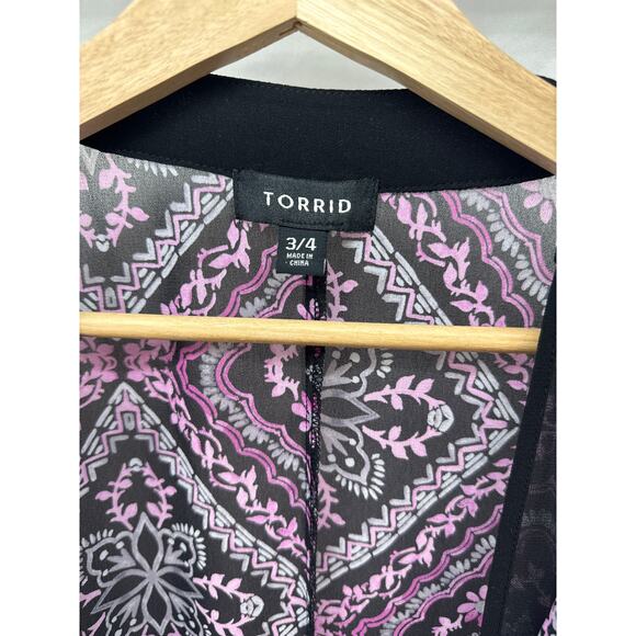 Torrid Women’s Plus Boho Ruana Kimono Duster Open Front 3/4 Sleeve Purple Black - Picture 4 of 8
